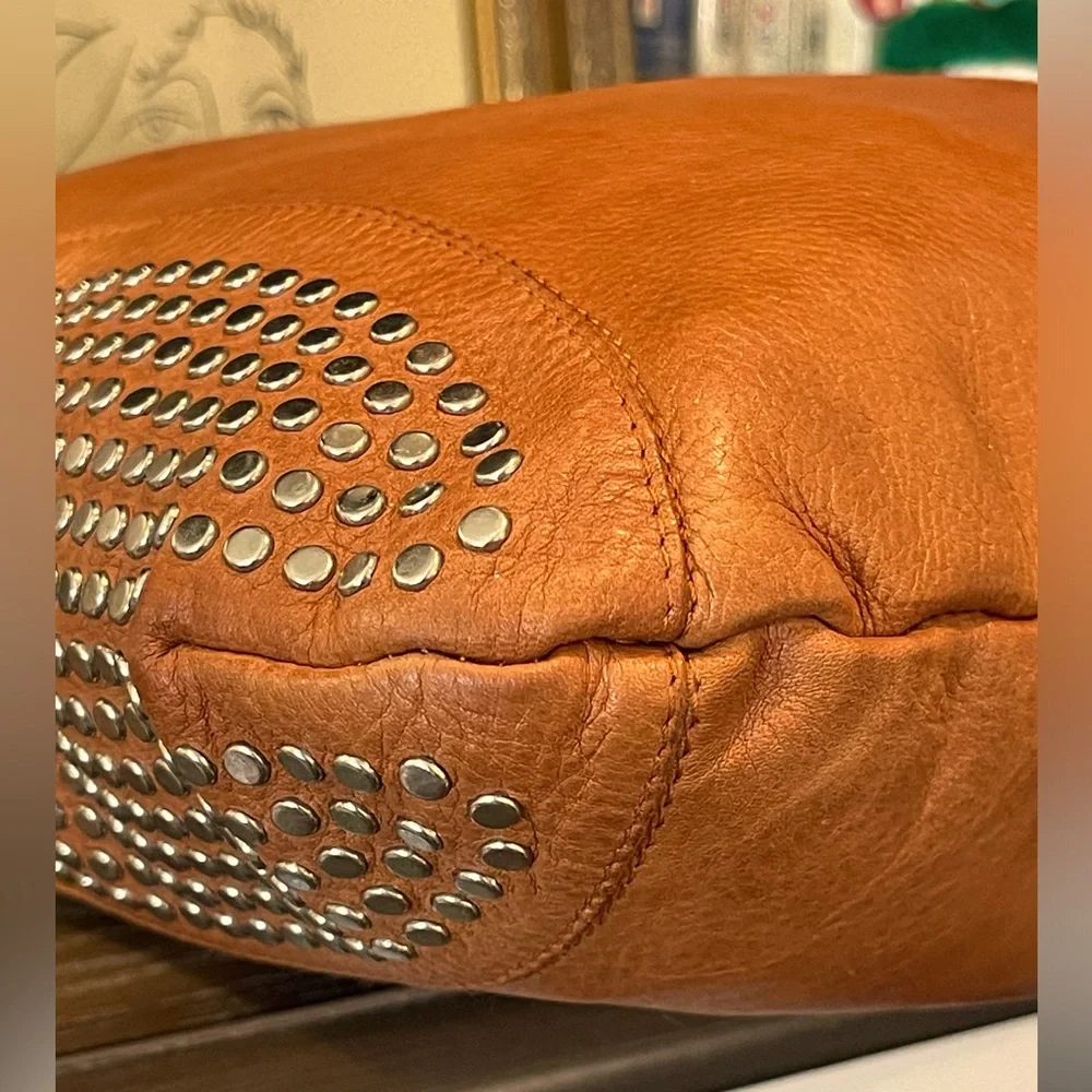 Furla Fantasia Camel Pebbled Leather Silver Tone Studded Shoulder Hobo 15”x 10”